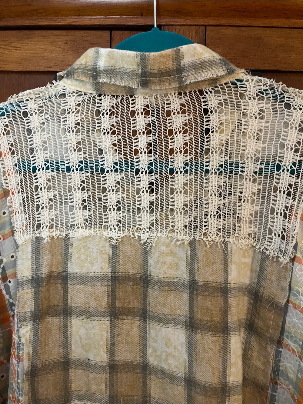 POL Plaid & Lace Patchwork Button-Up Shirt - Beige-Orange-Cream w/Open Lace - Picture 12 of 14
